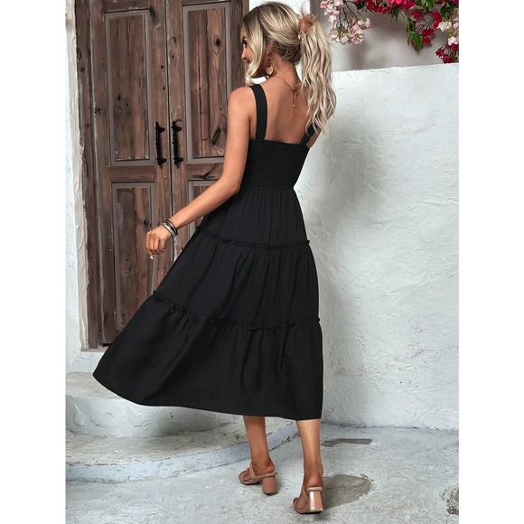 boho shirred bust Frill Trim tiered Cami midi Dress square neck - Picture 3 of 9